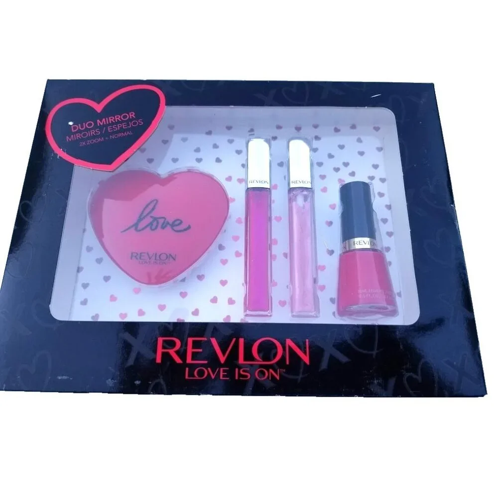 Revlon Love Is On Gift Set 2 Lip Lacquers Nail Polish Compact Mirror NEW